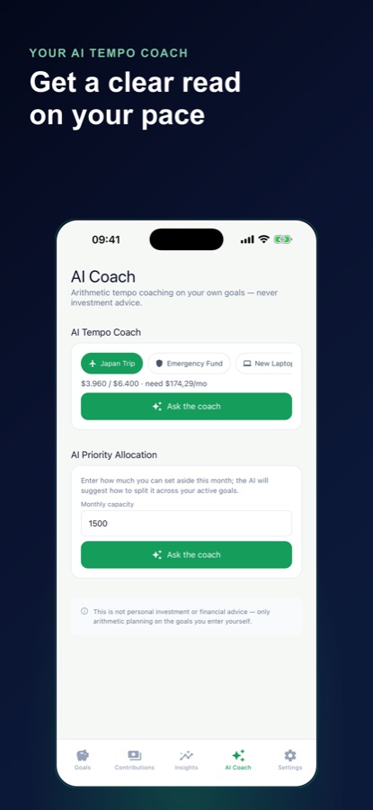 AI Coach-Bildschirm mit Tempo-Coach für ein Ziel, Prioritätsverteilung und dem Hinweis, dass es sich nicht um Anlageberatung handelt
