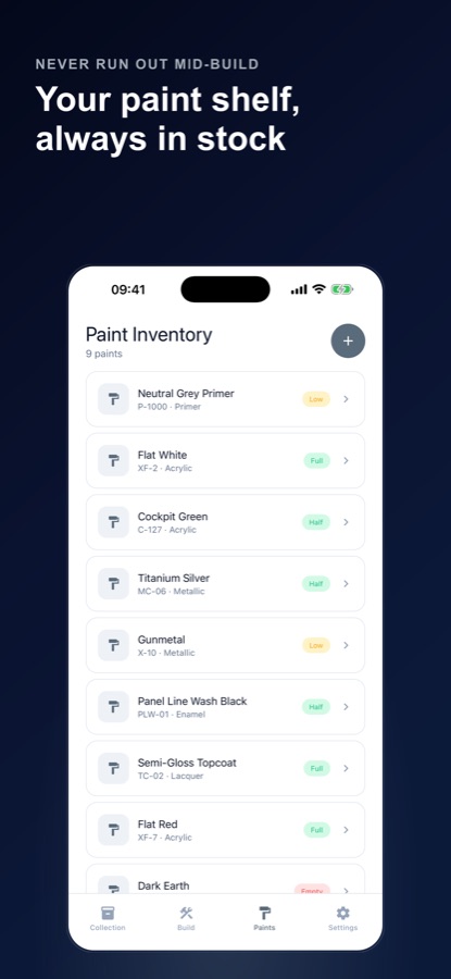 Scale Model Kit & Paint Log Paint Inventory screen listing nine paints with brand, color code and stock level