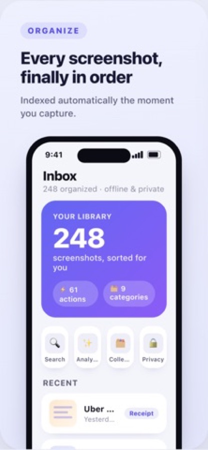 Posteingang mit 248 organisierten Screenshots und Verknüpfungen für Suche, Analyse, Sammlungen und Datenschutz