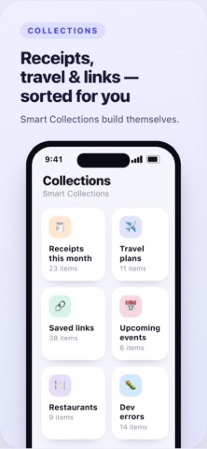 Intelligente Sammlungen wie Belege diesen Monat, Reisepläne, gespeicherte Links und Restaurants