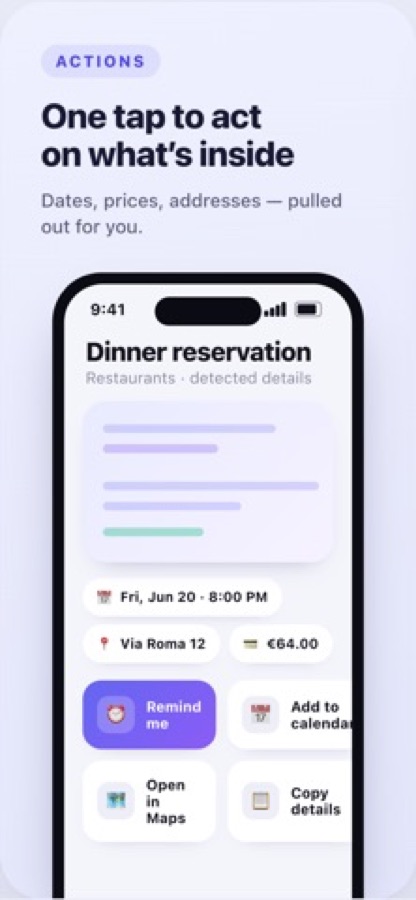 Screenshot einer Tischreservierung mit erkanntem Datum, erkannter Adresse und erkanntem Betrag sowie Aktionsschaltflächen