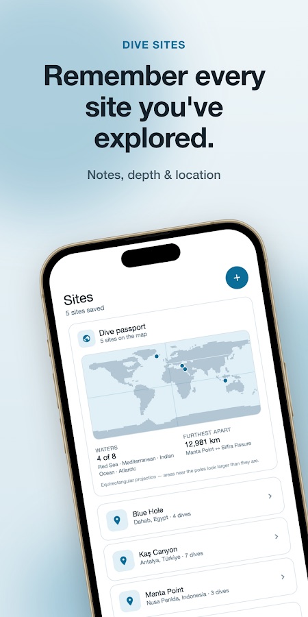 Sites screen with a dive passport world map marking five saved sites, the waters dived and the two furthest-apart sites, above a list of sites such as Blue Hole in Dahab and Kaş Canyon in Antalya