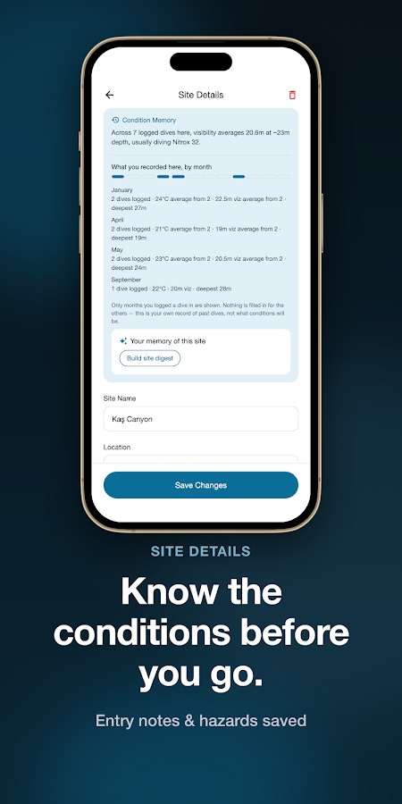 Site Details screen with a condition memory that summarises the visibility, water temperature and depth recorded at Kaş Canyon month by month
