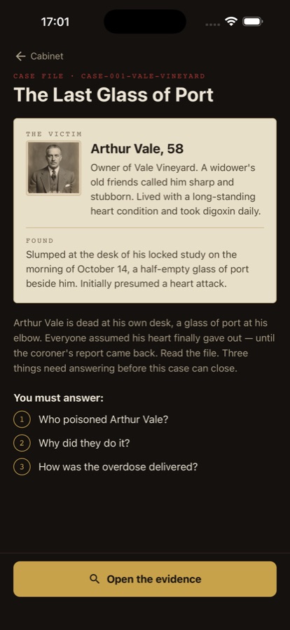 A case briefing screen introducing the investigation, summarising the victim, the scene and the circumstances before any evidence has been examined