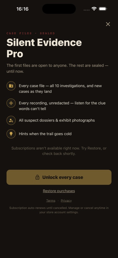 The Silent Evidence Pro screen explaining what the upgrade unlocks, with a purchase option and a Restore Purchases link