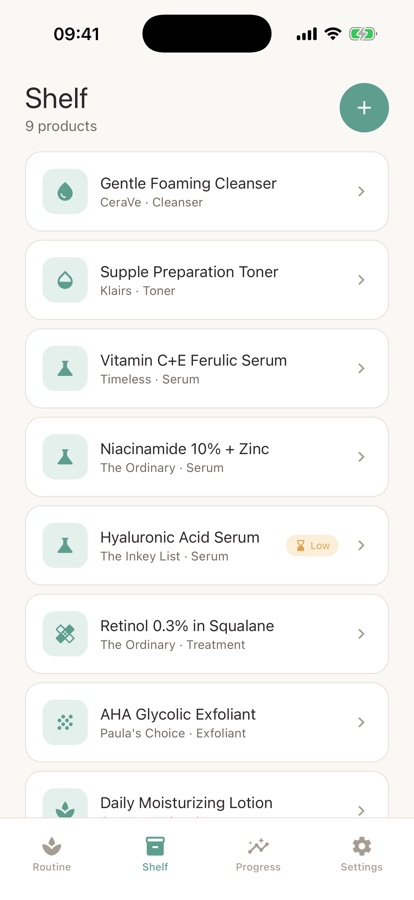 Shelf screen listing nine saved products with brand and category, one serum marked Low