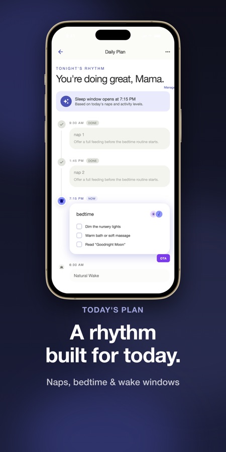 Pantalla Plan diario con el ritmo de esta noche, una ventana de sueño que comienza a las 7:15 PM, dos siestas y una lista de comprobación para la hora de dormir
