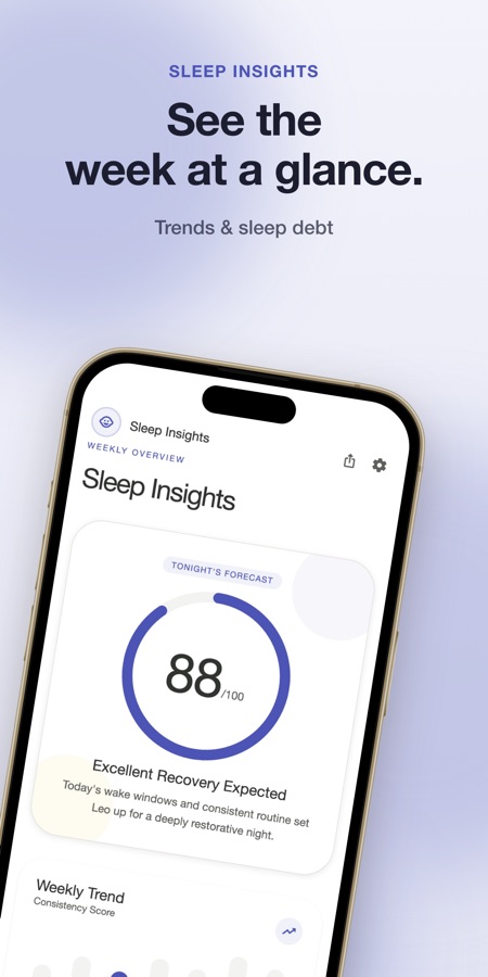 Pantalla Información del sueño con un resumen semanal, una puntuación prevista para esta noche de 88 sobre 100 y una tendencia semanal de constancia