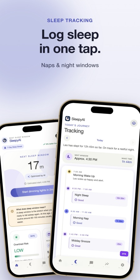 Pantalla Seguimiento que muestra el recorrido de hoy: despertar de la mañana, sueño nocturno, siesta matutina y siesta del mediodía, cada uno con su hora y calidad