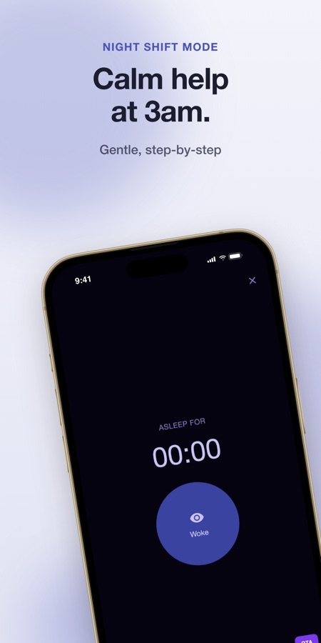 Modo nocturno con un temporizador grande del tiempo dormido y un único botón «Se despertó» en una pantalla oscura