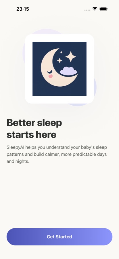 SleepyAI welcome screen shown when the app is first opened, introducing the baby sleep tracker and AI coach