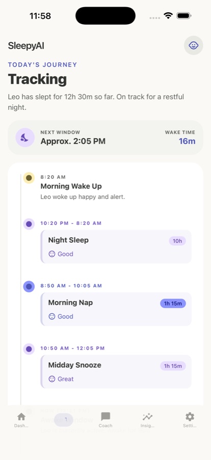 Tracking tab showing logged naps, night sleep and wake times with summaries