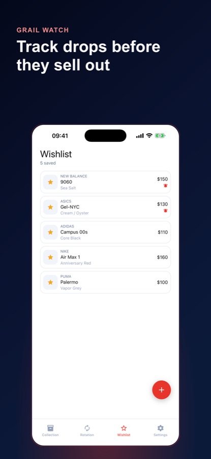 Wishlist with five saved pairs showing prices and alert icons on two of them