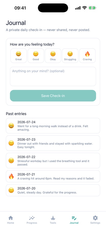 Journal screen with a mood picker, a note field and a list of past entries