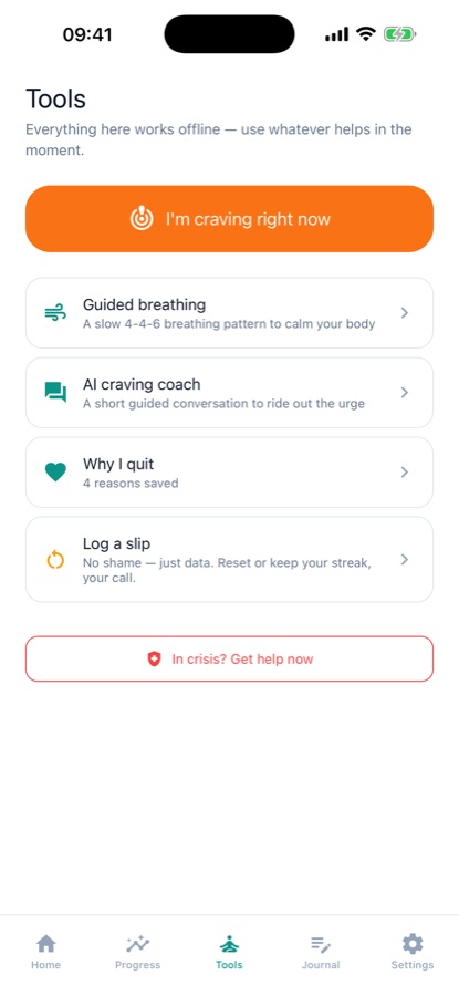 Tools screen with an I'm craving right now button, guided breathing, AI craving coach, reasons and a crisis help button