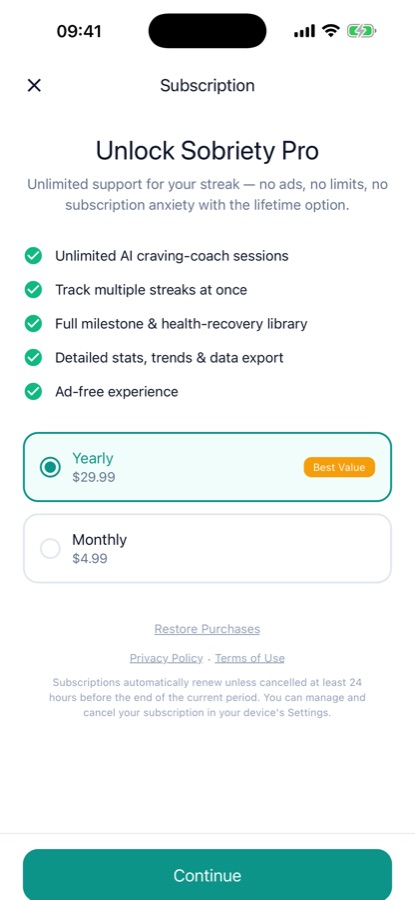 Subscription screen listing Pro features with yearly and monthly options