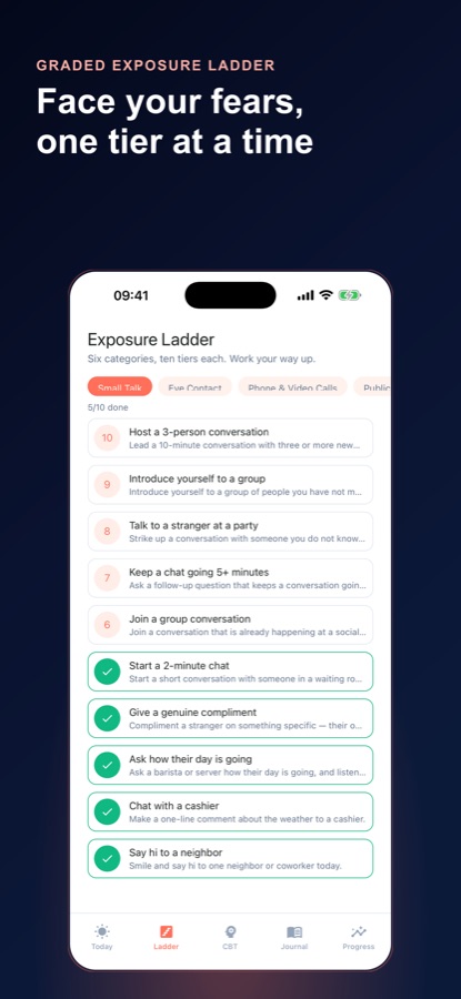 Exposure Ladder screen with small talk levels from saying hi to a neighbor up to hosting a three-person conversation