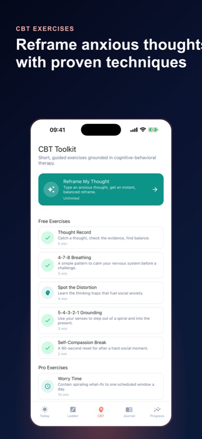 CBT Toolkit listing free exercises such as Thought Record and 4-7-8 Breathing and Pro exercises
