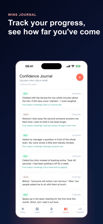 Confidence Journal with dated win and note entries linked to daily challenges