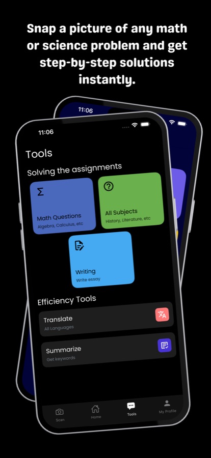 Math Questions, All Subjects ve Writing kutucuklarının yanı sıra Translate ve Summarize verimlilik araçlarını gösteren Solve It Tools sekmesi