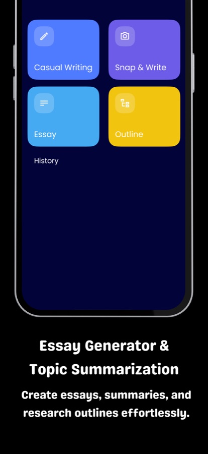 Casual Writing, Snap and Write, Essay ve Outline kutucuklarıyla birlikte aşağıda bir History bağlantısı gösteren Solve It yazma araçları