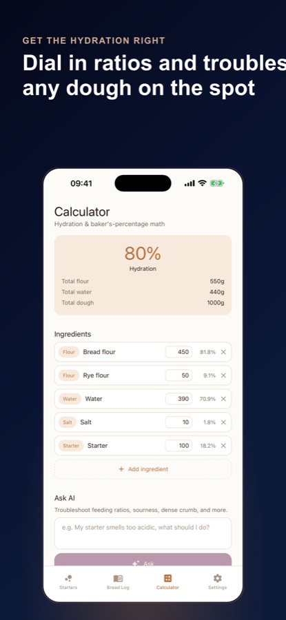 Sourdough Log calculator screen showing hydration, baker's percentages and an AI troubleshooting box