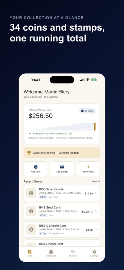 Home screen with total value paid, a milestone card and recent coin items