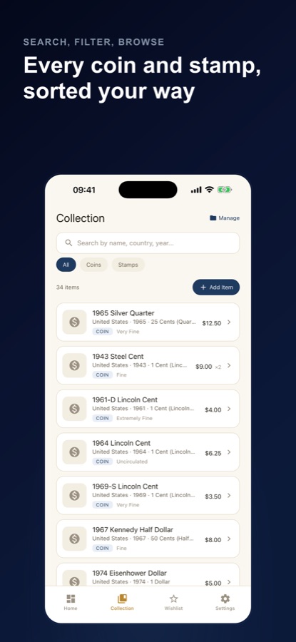 Collection list of coins with country, year, denomination, condition and price, with search and filters