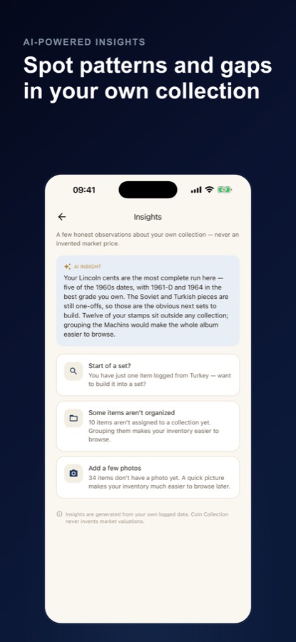 Insights screen with an AI-written note and cards about starting a set, unorganised items and missing photos