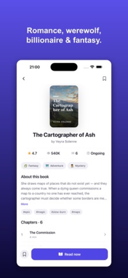 Book page with cover, rating, genre tags, a synopsis, tags and a Read now button