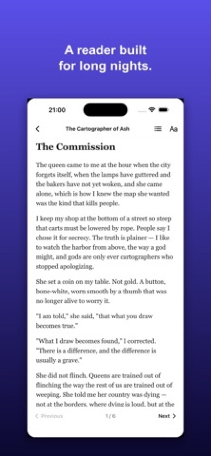 Reading screen with a chapter in serif type and previous and next controls