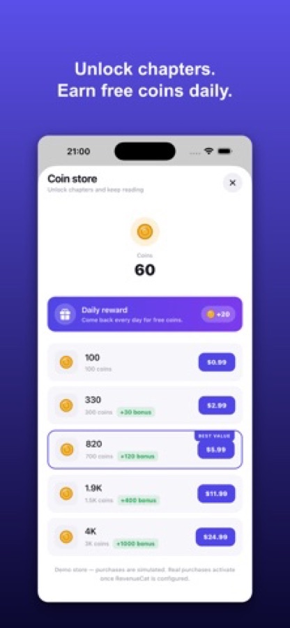 Coin store with a coin balance, a daily reward and several coin packs
