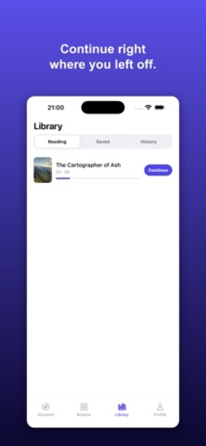 Library screen with Reading, Saved and History tabs and a book with a Continue button