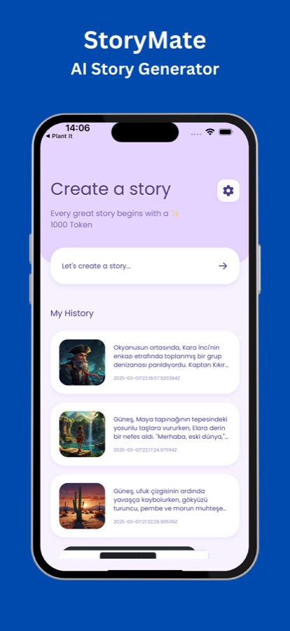 Create a story screen with a prompt button and a history list of earlier stories with thumbnails