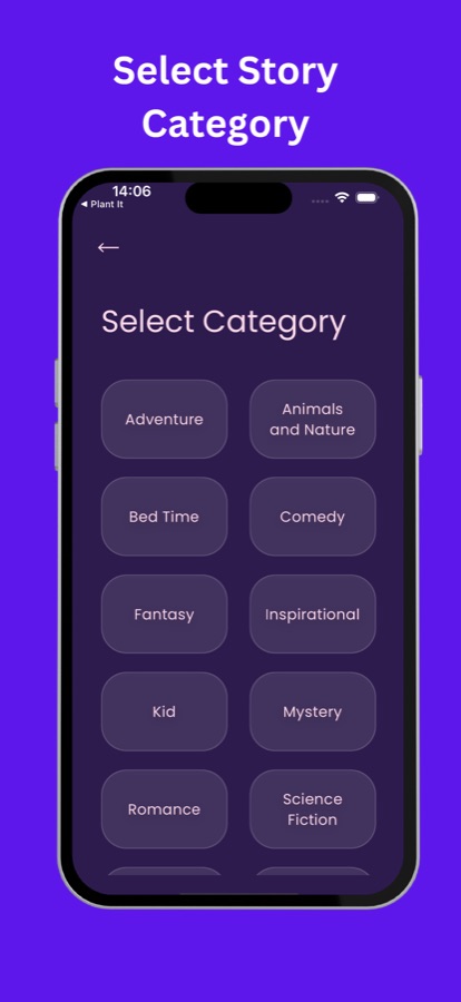 Select category screen with adventure, bedtime, comedy, fantasy, mystery, romance and science fiction