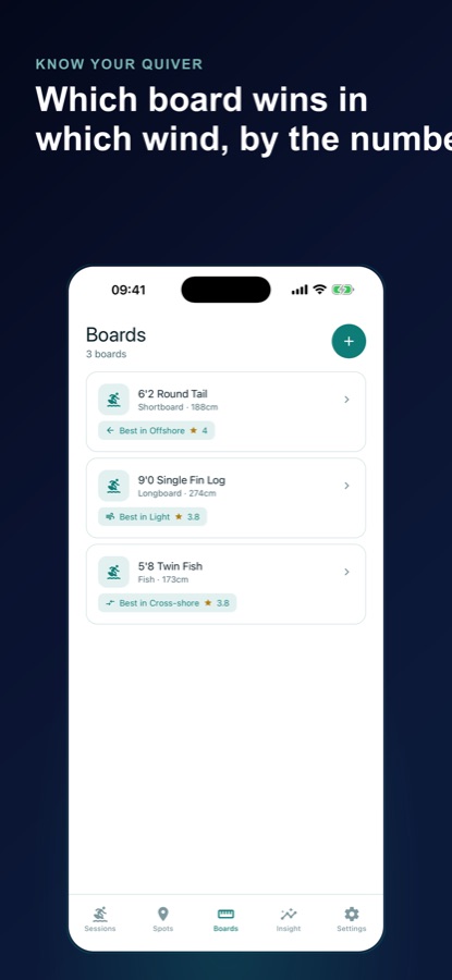 Üç tahtayı; türleri, uzunlukları ve her birinin en iyi puan aldığı rüzgâr koşulunu listeleyen Surf Log Tahtalar ekranı