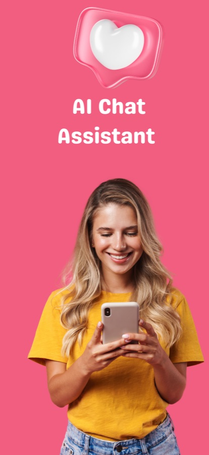 Imagen promocional rosa con el encabezado AI Chat Assistant, en la que aparece una persona sonriente mirando un teléfono bajo un bocadillo de mensaje con forma de corazón