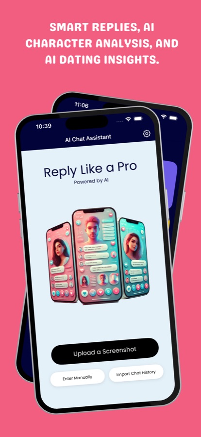 Pantalla de inicio con el encabezado Responde como un Pro, un botón Upload a Screenshot y botones más pequeños Enter Manually e Import Chat History