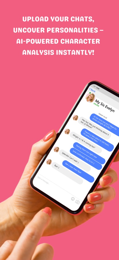 Imagen promocional de una mano sosteniendo un teléfono que muestra una conversación de texto, con el encabezado sube tus chats y descubre personalidades