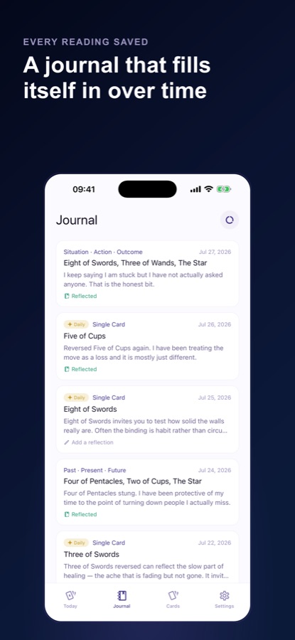 Journal screen listing readings by date, a mix of daily single-card draws and spreads, each with the user's own reflection