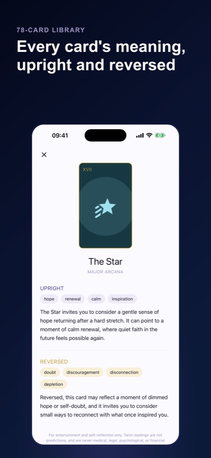 Card library entry for The Star with upright and reversed keywords and meanings and an entertainment and self-reflection disclaimer