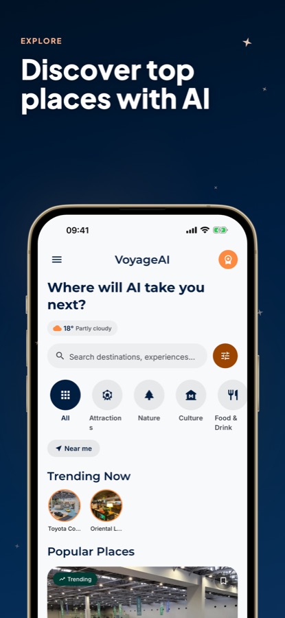 AI Travel Guide - Tokyo explore screen with search, category filters and current weather over Tokyo