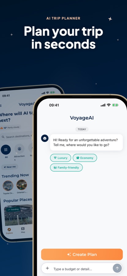AI Travel Guide - Tokyo AI trip planner chat screen with budget style options