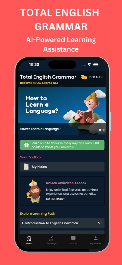 Total English Grammar home screen with a banner, My Notes and the learning path