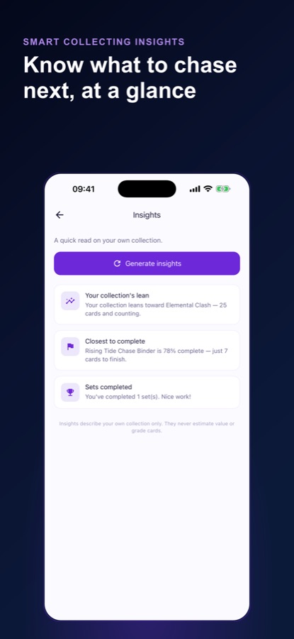 Insights-Bildschirm mit dem Schwerpunkt deiner Sammlung, dem Set mit dem höchsten Vervollständigungsgrad und abgeschlossenen Sets
