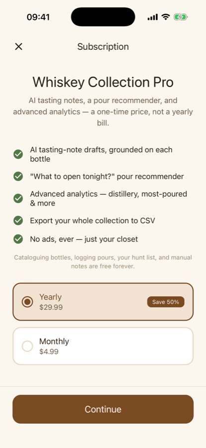 订阅页面列出 AI 品鉴笔记草稿、倒酒推荐、进阶分析、CSV 导出和无广告体验