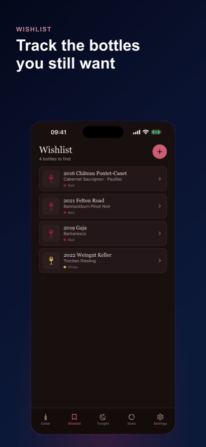Wishlist screen listing bottles still to find