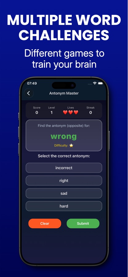 WordChallenge Antonym Master gameplay screen showing score, level, three lives and a streak, with the word wrong and four answer options