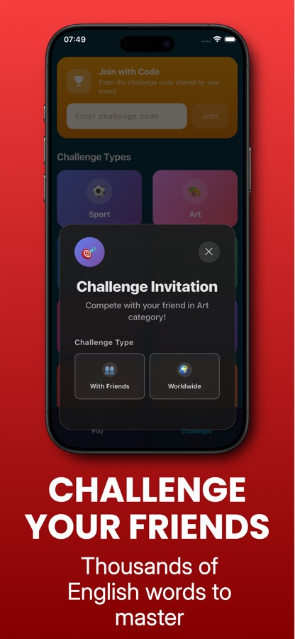 WordChallenge challenge invitation screen offering to compete with friends or worldwide in the Art category