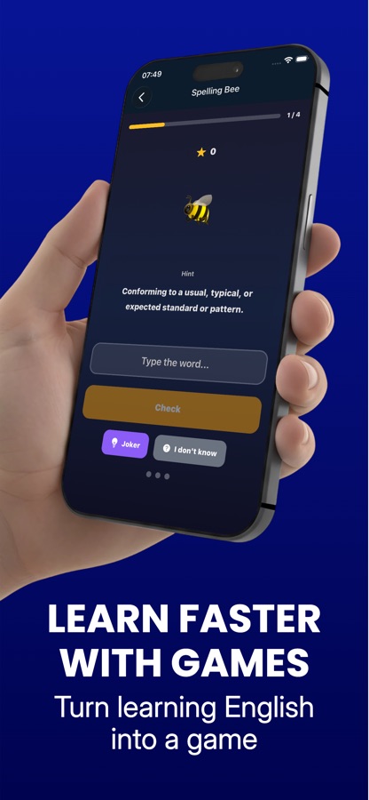 WordChallenge Spelling Bee screen showing a definition hint and a field to type the word, with Joker and I don't know options